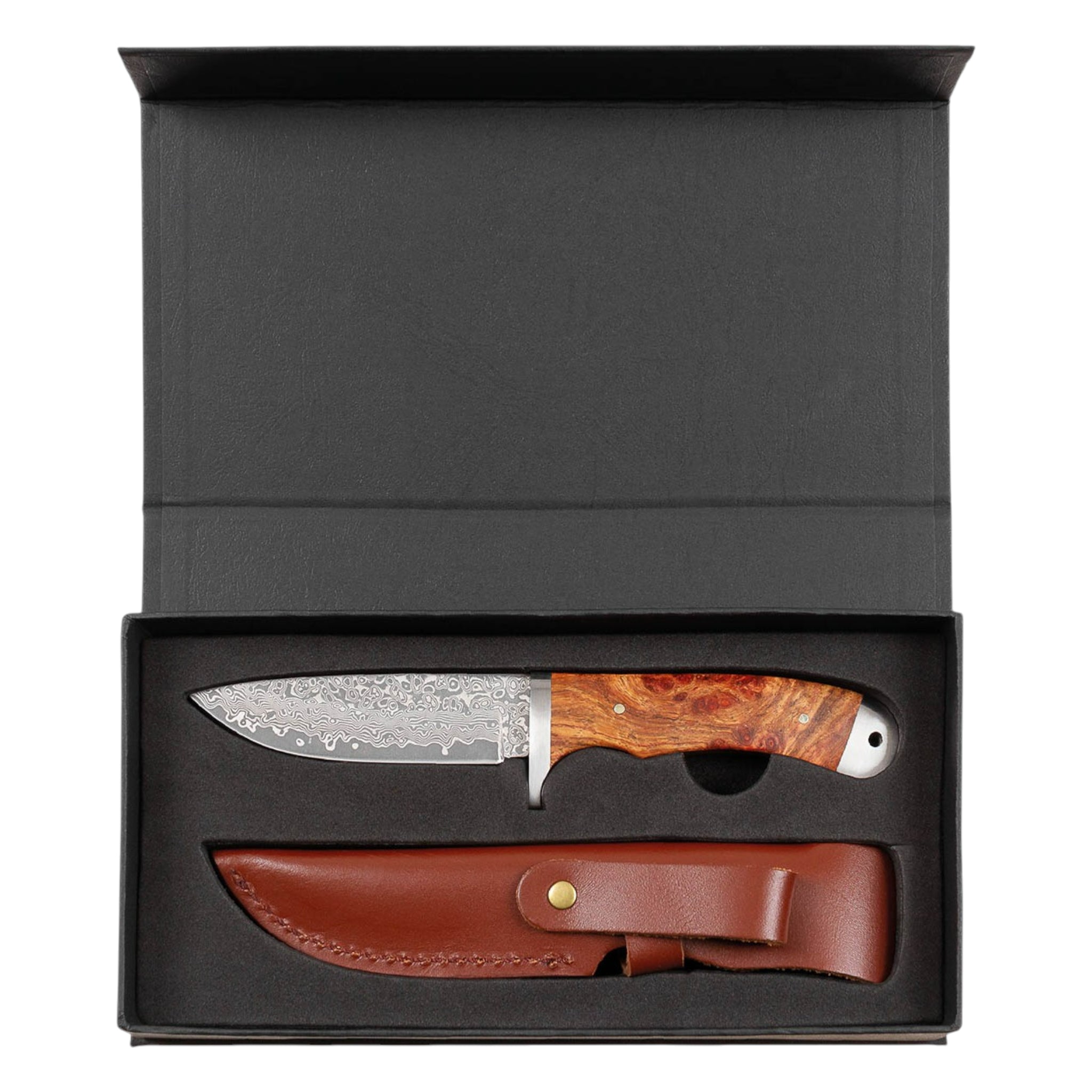 Fox Outdoor Damastmesser mit Scheide und rote Quittenholzeinlage